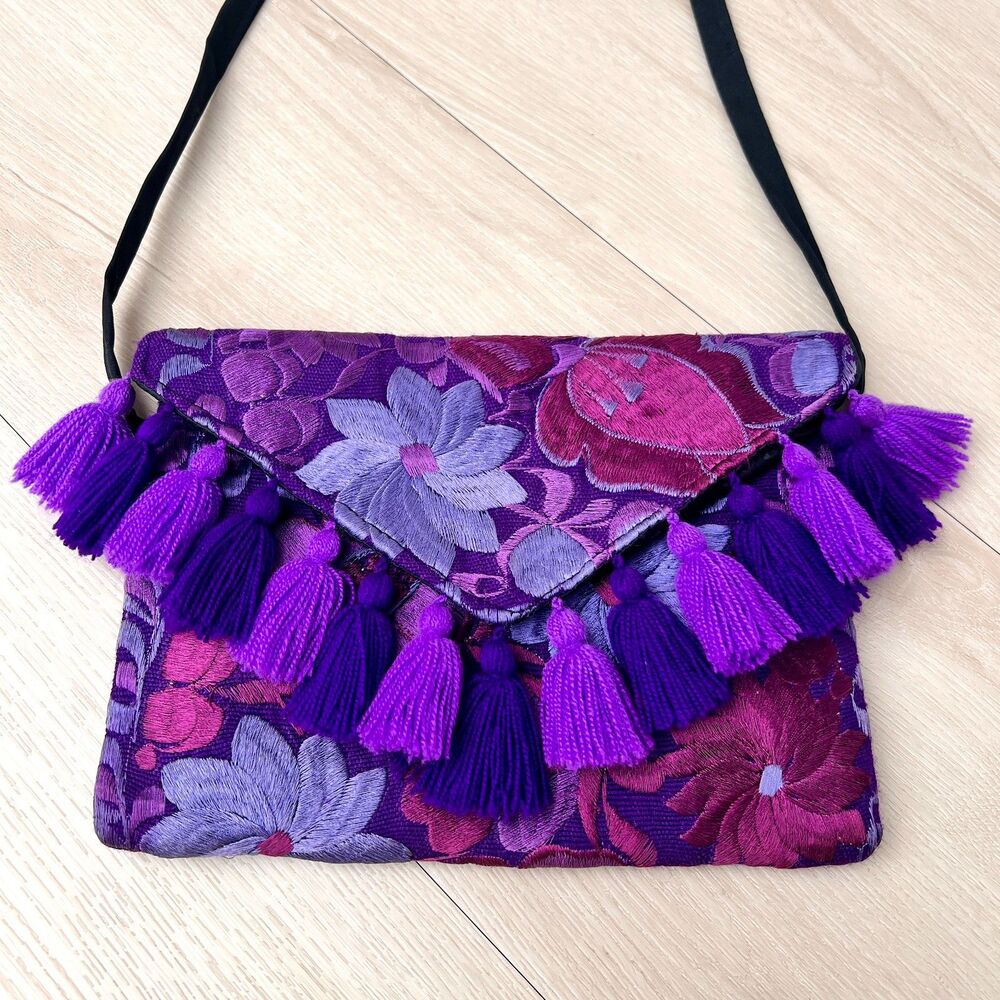 Artisan Made Mexican Purple Tassel Embroidered Envelope Purse Clutch Crossbody